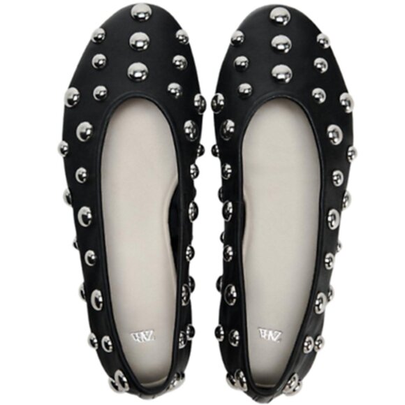 ZARA Studded Leather Black Ballet Flats - Picture 2 of 9